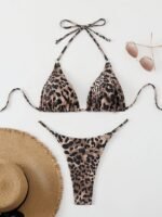 2Pcs Set Women'S Leopard Print Bikini, Polyester And Elastane Knit Fabric, High Stretch, With Lace-Up Details
