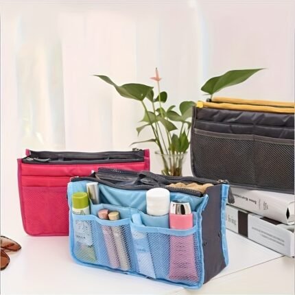 1Pc Multi-Functional Organizer Bag, Makeup Case, Travel Storage Pouch With Double-Layer Foldable Design, Large Capacity Zippered Handbag & Portable Sorting Bag In 13 Colors