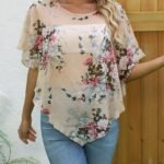 Floral Pattern Elegant Cover Up, Round Neck Semi-Sheer Beach Cover Up Top, Women'S Swimwear & Clothing
