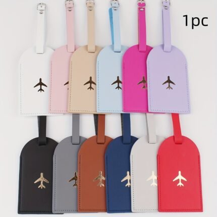 1Pc Gessy Stylish Synthetic Leather Luggage Tag With Privacy Cover ? Durable, Lightweight, Tsa-Approved For Travel, Business, And Commuting ? Golden Airplane Design In 8 Colors (White, Beige, Pink, Purple, Black, Gray, Brown, Navy)
