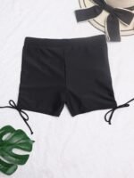High-Waist Ruched Women'S Swim Shorts - Sleek Black, Anti-Slip, Tummy Control With Faux Drawstring Detail, Stretchy Polyester/Elastane Blend, Machine Washable - Image 7