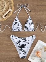 Allover Print Triangle 2 Piece Set Bikini, Halter V Neck High Cut Swimsuits, Women'S Swimwear & Clothing