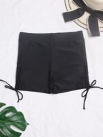High-Waist Ruched Women'S Swim Shorts - Sleek Black, Anti-Slip, Tummy Control With Faux Drawstring Detail, Stretchy Polyester/Elastane Blend, Machine Washable - Image 6