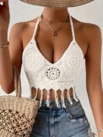 Bohemian Women'S Halter Embroidered Beach Top, Hollow Sexy Fringe Tie-Up Top, Summer Beachwear - Image 2