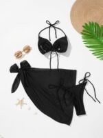 Elegant Black Three-Piece Bikini Set For Women - Sexy Halter Neck, High-Waisted Bottom & Tie-Dye Apron, Stretchy Polyester Fabric, Perfect For Poolside & Beach Wear - Image 2