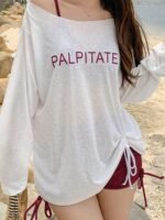 Casual Long-Sleeve Rash Guard Shirt With Drawstring, Belly Cover-Up, Breathable Polyester And Elastane Blend, Summer Beach Top, Spandex, - Image 8