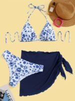 1Set Women'S Floral Print Bikini Set With Mesh Skirt - High Elasticity Polyester Fabric, Halter Neck, Sleeveless, Casual Knit Beachwear