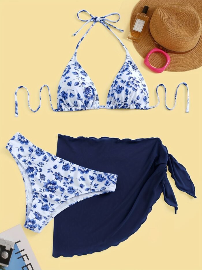 1Set Women'S Floral Print Bikini Set With Mesh Skirt - High Elasticity Polyester Fabric, Halter Neck, Sleeveless, Casual Knit Beachwear - Image 1