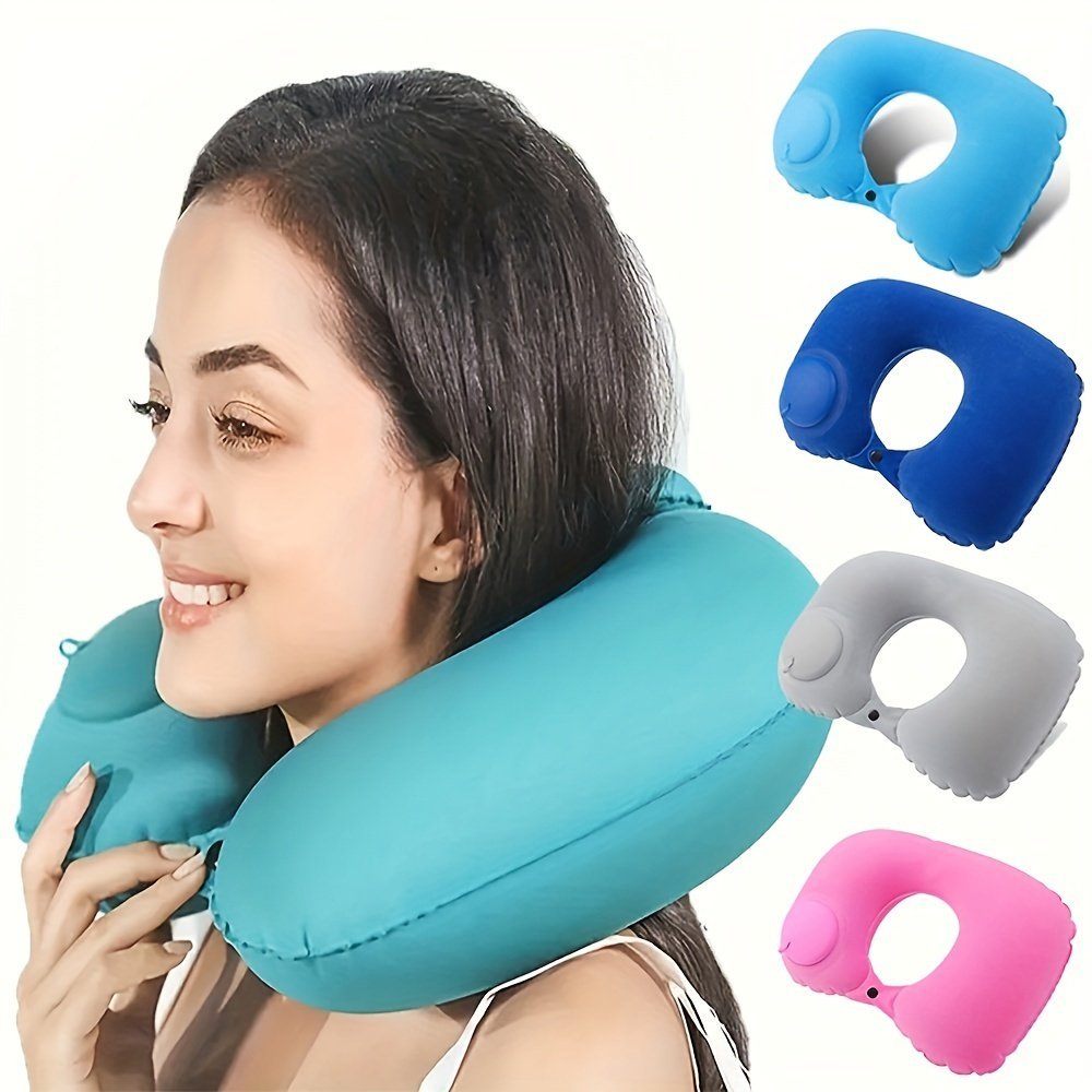 product-fancy-44c02836-0fc3-47e3-9c2d-72a09e632e61.jpg 1Pc Flocking Inflatable U-Shaped Pillow Press Inflatable Portable Travel Neck Pillow Train Airplane Pillow Outdoor Travel Inflatable Pillow - Image 1