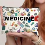 Medicine-Themed Canvas Travel Pouch - Zippered Cosmetic & Toiletry Organizer, Lightweight & Foldable, Beige With Colorful Medical Illustrations, Perfect Gift For Friends, Teachers, Or Healthcare Professionals, Travel Toiletry Bag | Medical Theme | Zipper Closure