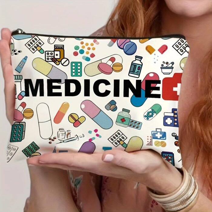 Medicine-Themed Canvas Travel Pouch - Zippered Cosmetic & Toiletry Organizer, Lightweight & Foldable, Beige With Colorful Medical Illustrations, Perfect Gift For Friends, Teachers, Or Healthcare Professionals, Travel Toiletry Bag | Medical Theme | Zipper Closure - Image 1