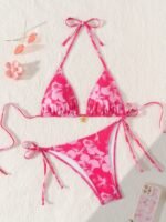 Easter-Themed Red & White Floral Print Bikini With Adjustable Lace-Up Straps - Stretchy V-Neck Swimsuit For Women, Perfect For Beach Or Poolside, Beachwear Essentials|Vneck Swimsuit|Stretchy Fabric - Image 2