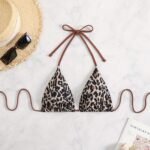 Leopard Print Triangle Halter Tie Strap Backless Sexy Bikini Top, Women'S Swimwear & Clothing