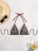 Leopard Print Triangle Halter Tie Strap Backless Sexy Bikini Top, Women'S Swimwear & Clothing