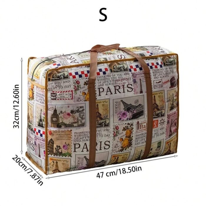 1Pc Vintage Fabric Foldable Storage Bag, Dark Brown, With Strong Zipper And Handle, Space-Saving, Heart Leaf Brand, With Random Printing And Edge Paint, For Moving, Travel, Back To School - Image 3