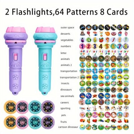 2 Projector Flashlights, 64 Patterns And 8 Projected Pictures, Vehicles, Dinosaurs, Animals, Ocean, Space And More, Bedtime Toys, Educational Toys