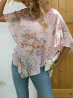 Floral Pattern Elegant Cover Up, Round Neck Semi-Sheer Beach Cover Up Top, Women'S Swimwear & Clothing - Image 2