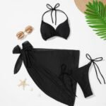 Elegant Black Three-Piece Bikini Set For Women - Sexy Halter Neck, High-Waisted Bottom & Tie-Dye Apron, Stretchy Polyester Fabric, Perfect For Poolside & Beach Wear