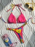 Large Flower European And American Fashion Foreign Trade Split Swimwear For Women Cartoon Printed Hanging Neck Fashion And Sexy Beach Swimsuit - Image 5
