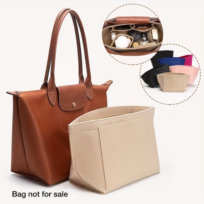 1Pc Felt Insert Bag Organizer, Portable, Casual Style, Fabric Soft Smooth Felt, Large Capacity With Multiple Pockets, Durable Metal Zipper, With Random Printing, For Women'S Tote Handbag, Cosmetic Travel Purse - Image 2