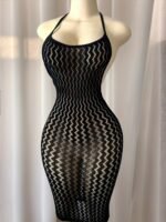 1Pc Sexy Plus Size Backless Bodycon Dress - High Elasticity Fishnet Cover Up With Striped Pattern & Cut-Out Details, Form-Fitting Beachwear For Music Festivals, Vacations, Summer Swimwear (See-Through Black), Festival Attire, Seethrough Material