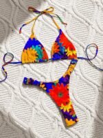 Large Flower European And American Fashion Foreign Trade Split Swimwear For Women Cartoon Printed Hanging Neck Fashion And Sexy Beach Swimsuit - Image 7
