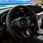 1Pc Crystal Carbon Fiber Faux Leather Three-Dimensional Square Embroidery New Car Without Inner Circle Steering Cover Suitable For 36.83-38.1Cm Car Interior Accessories Men And Women Universal Black Red Pink Blue Beige Gre - Image 4