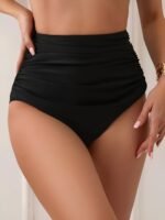 Elegant High-Waisted Swim Bottoms For Women - Polyester And Elastane Blend, Frill Detail, Solid Color, High Stretch, Knit Fabric Bikini Bottoms - Image 3