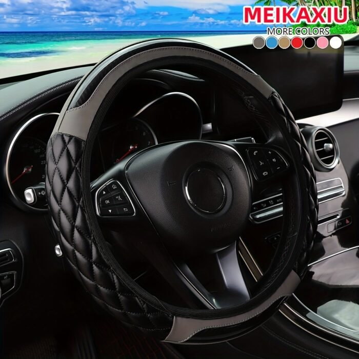 1Pc Crystal Carbon Fiber Faux Leather Three-Dimensional Square Embroidery New Car Without Inner Circle Steering Cover Suitable For 36.83-38.1Cm Car Interior Accessories Men And Women Universal Black Red Pink Blue Beige Gre - Image 6