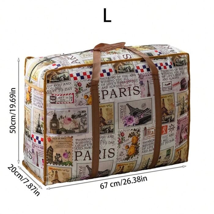 1Pc Vintage Fabric Foldable Storage Bag, Dark Brown, With Strong Zipper And Handle, Space-Saving, Heart Leaf Brand, With Random Printing And Edge Paint, For Moving, Travel, Back To School - Image 7