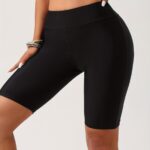 1Pc High-Waist Black Swim Shorts For Women - Anti-Chafing, Stretchy Nylon/Spandex, Quick-Dry, Solid Color, Mid-Thigh Length, Perfect For Hot Springs & Pools, Machine Washable