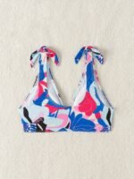 Leaf Print Shirred Knot Bikini Top, V Neck High Stretch Colorful Swimsuit Top Bra, Women'S Swimwear & Clothing - Image 8