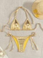 Glossy Sexy Women'S Triangle Bikini With Tie-Back Halter Neck For Hot Black Beachwear