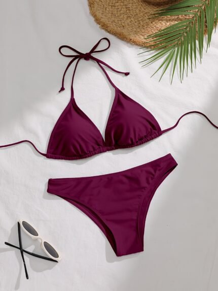 Classic Red Bikini Set With Lace-Up Detail - High Stretch Fabric, Solid Color Swimwear For Women, Sexy & Stylish Beach Or Poolside Attire