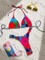Large Flower European And American Fashion Foreign Trade Split Swimwear For Women Cartoon Printed Hanging Neck Fashion And Sexy Beach Swimsuit - Image 3