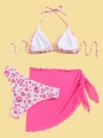 1Set Women'S Floral Print Halter Neck Bikini Set, High Elasticity Polyester Fabric, Casual Two-Piece Swimsuit With Tie Details, Knitted Fabric, No Belt, Regular Fit - Image 2