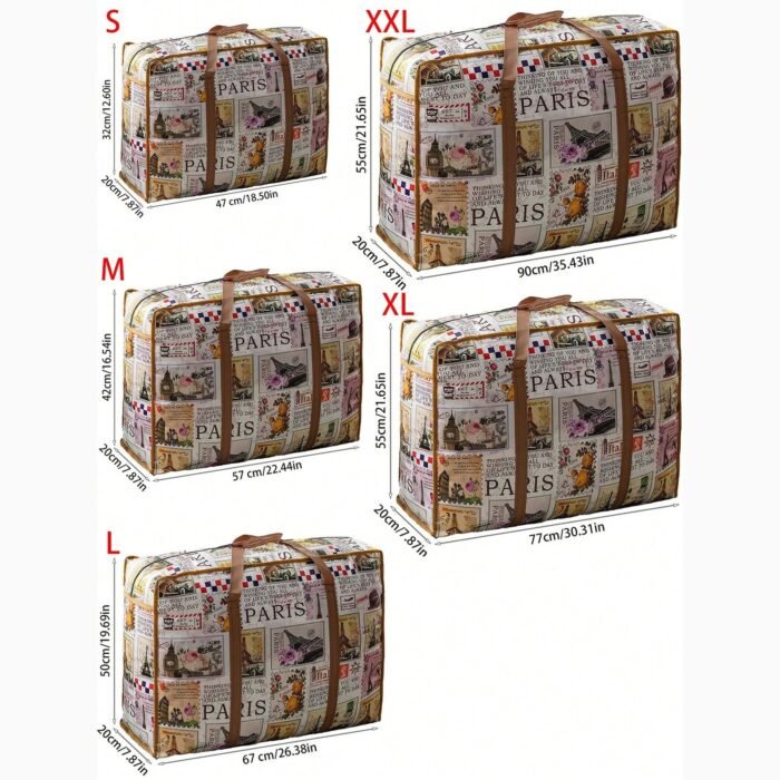 1Pc Vintage Fabric Foldable Storage Bag, Dark Brown, With Strong Zipper And Handle, Space-Saving, Heart Leaf Brand, With Random Printing And Edge Paint, For Moving, Travel, Back To School - Image 6
