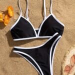 Contrast Trim 2 Piece Set Bikini, V Neck Stretchy High Cut Swimsuits, Women'S Swimwear & Clothing