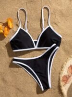 Contrast Trim 2 Piece Set Bikini, V Neck Stretchy High Cut Swimsuits, Women'S Swimwear & Clothing