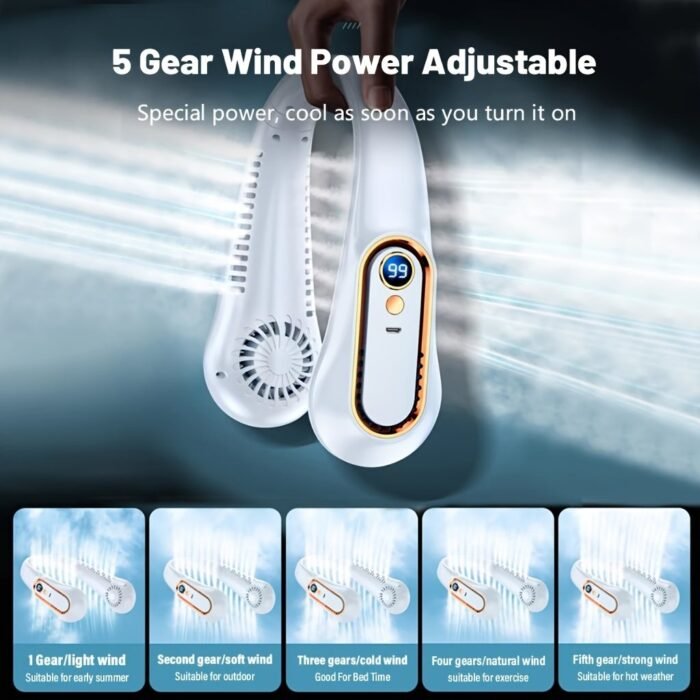 1Pc Portable Mini Neck Fan With Digital Display, Usb Rechargeable, 5-Speed Adjustable, Safe & Comfortable, Plastic, For Office, Sports & Outdoor Use, ?36V, Lithium Battery-18650 Series - Image 4