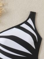 Elegant One-Shoulder Striped Polyester Bodysuit Swimsuit, High Stretch Knit Fabric, With Removable Padding, Asymmetrical Design, Elastane Lined - Image 6