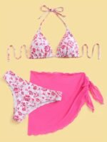 1Set Women'S Floral Print Halter Neck Bikini Set, High Elasticity Polyester Fabric, Casual Two-Piece Swimsuit With Tie Details, Knitted Fabric, No Belt, Regular Fit