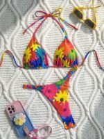 Large Flower European And American Fashion Foreign Trade Split Swimwear For Women Cartoon Printed Hanging Neck Fashion And Sexy Beach Swimsuit - Image 2
