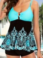Floral Print V Neck Tankini Sets, Ring-Linked Boxer Short Bottom Two Pieces Swimsuit, Women'S Swimwear & Clothing - Image 5