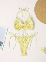 Floral Print V-Neck Bikini Set For Women, Polyester And Elastane Blend, High Stretch, Knit Fabric, With Bow Detail, For Sexy Lingerie Style Swimwear - Image 7