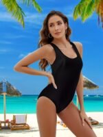 Backless Plain Black One-Piece Swimsuit, Scoop Neck High Stretch Elegant Retro Bathing Suits, Women'S Swimwear & Clothing - Image 3
