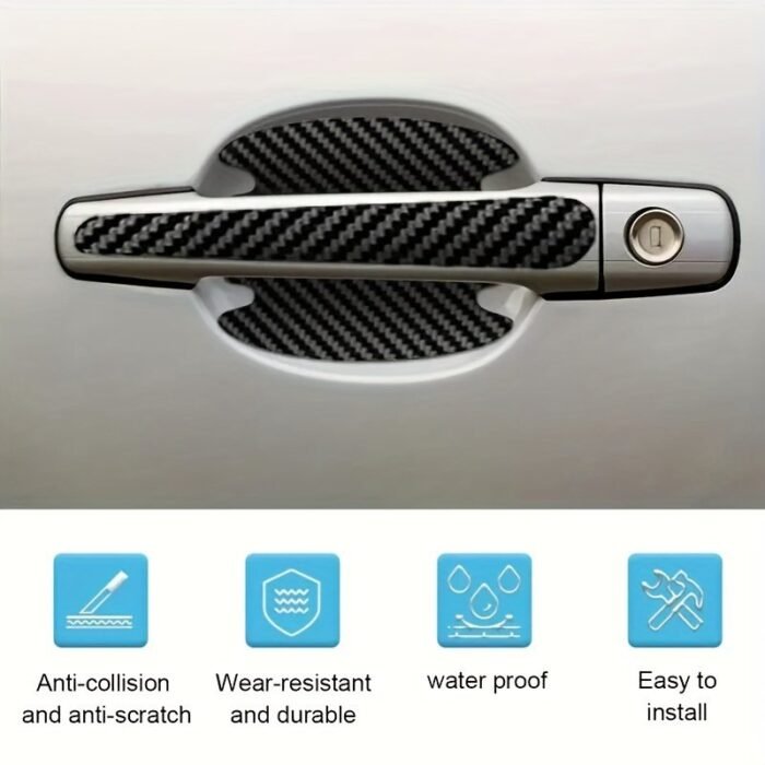 8-Pack Carbon Fiber Vinyl Car Door Handle Protector Decals - Self-Adhesive Scratch-Resistant Paint Protection Film For Glass, Plastic, Metal Surfaces, Sporty Stripe Pattern, Left Side, Irregular Shape - Image 3