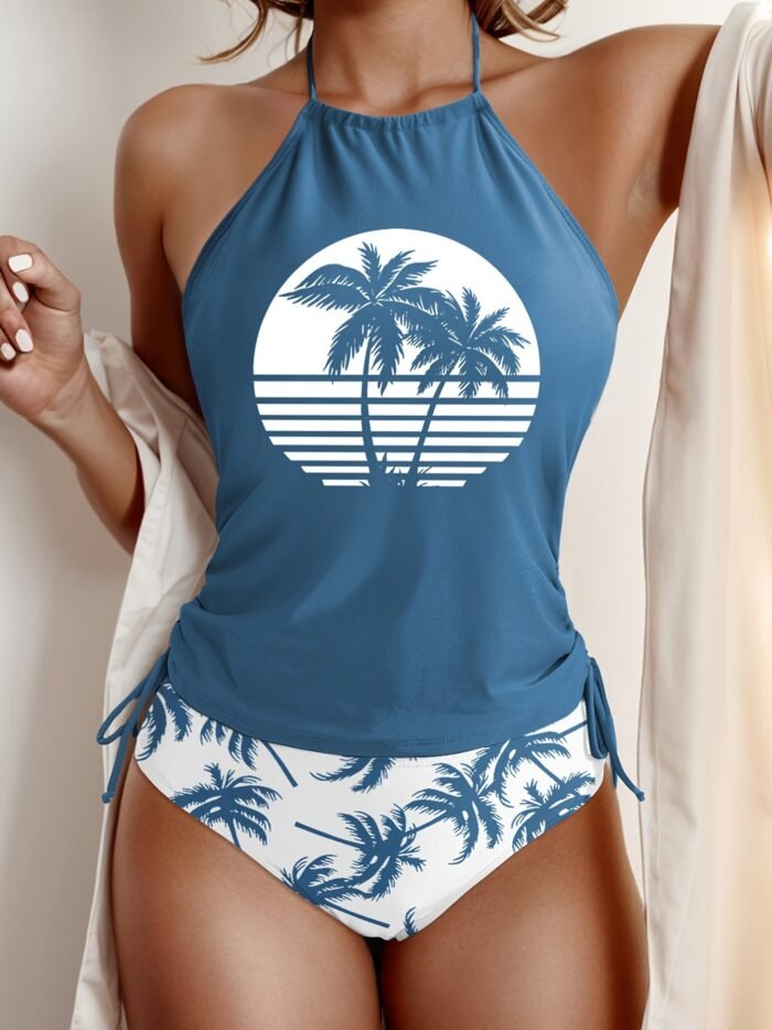 Coconut Tree Set Pattern Drawstring 2Pcs Set Swimsuit, Halter Tie Neck Backless Stretchy Low Waist Bathing Suit For Beach Pool, Women'S Swimwear & Clothing - Image 5
