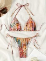Animal Skin Print 2 Piece Set Bikini, Halter V Neck Tie Back Backless High Cut Tie Side Swimsuits, Women'S Swimwear & Clothing Triangle Top