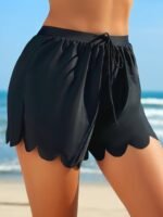High-Waist Fashion Beach Shorts For Women - Stretchy, Non-See-Through Polyester With Decorative Drawstring, Ruffled Hem, Perfect For Swim & Cover-Up, White - Image 2